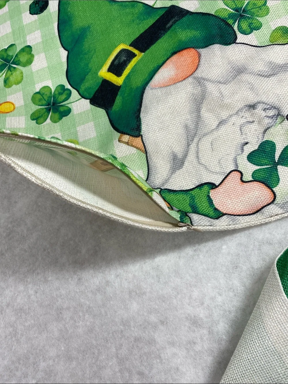 4 green Happy St. Patrick’s day themed pillow covers. Gnomes, clovers and gold